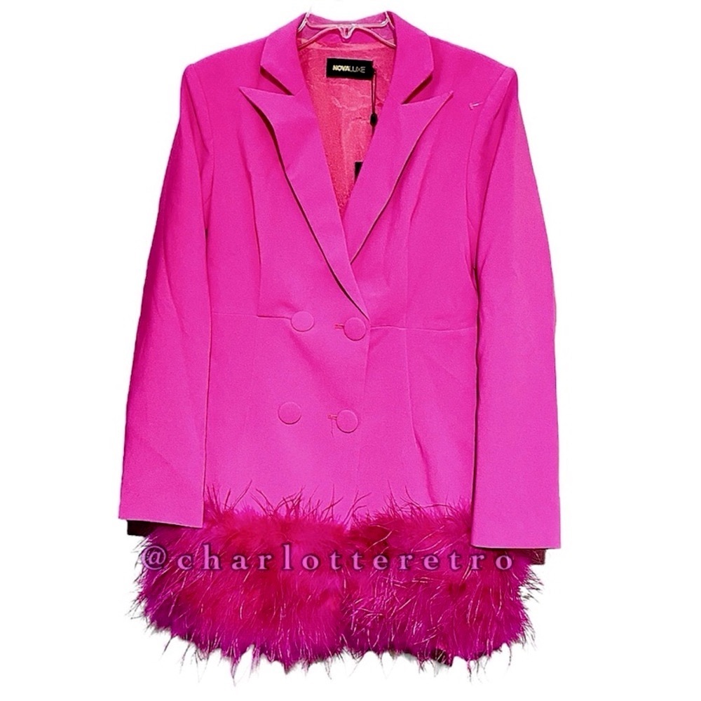 NWT Nova Luxe • Hot Pink Blazer Mini Dress with Osterich Boa Trim